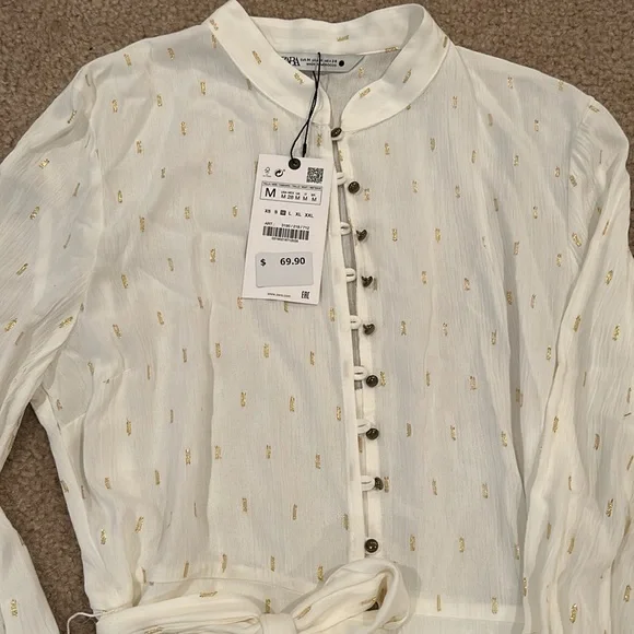NWT ZARA Cream and Gold Belted Dress Size Medium